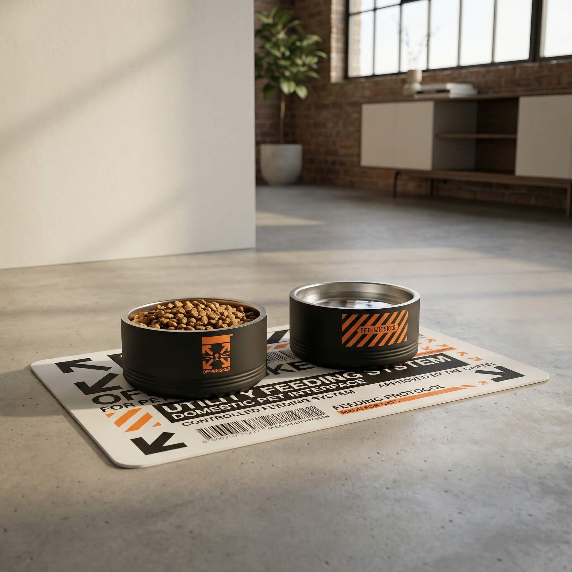 Off Whisker designer cat food mat with designer pet bowls in modern space by Mad Cat Cartel