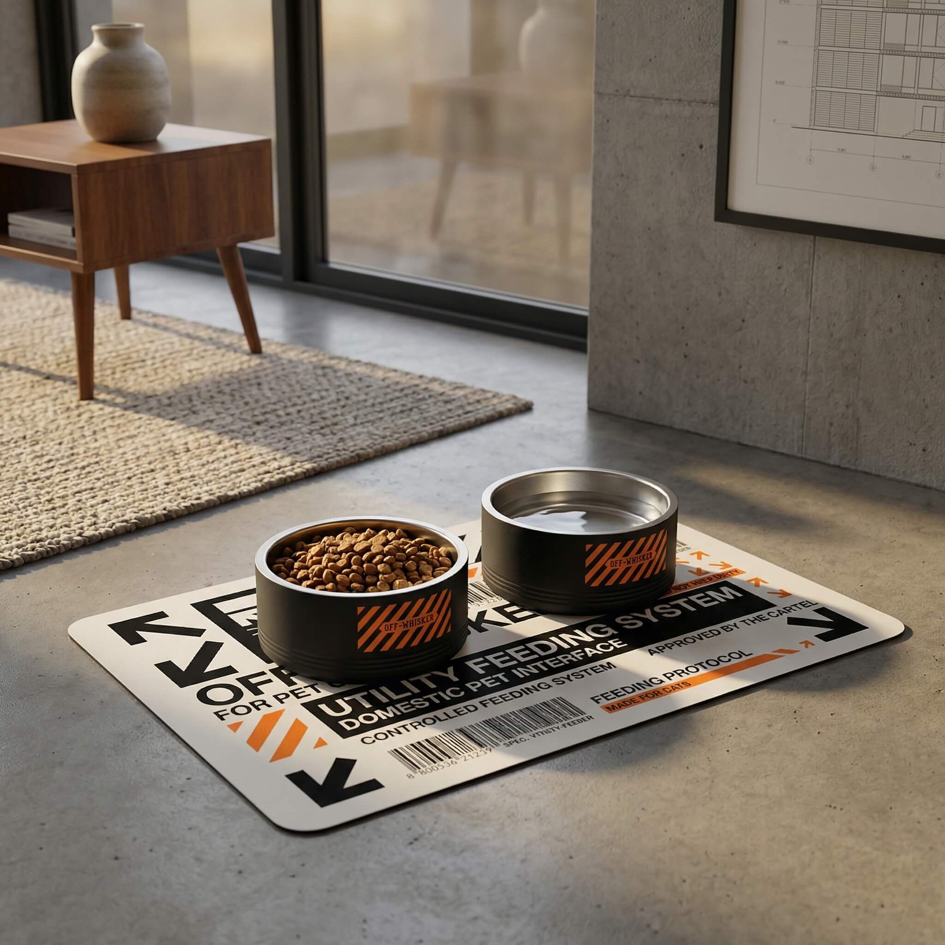 Off Whisker designer cat food mat with cool black pet bowls in modern space by Mad Cat Cartel