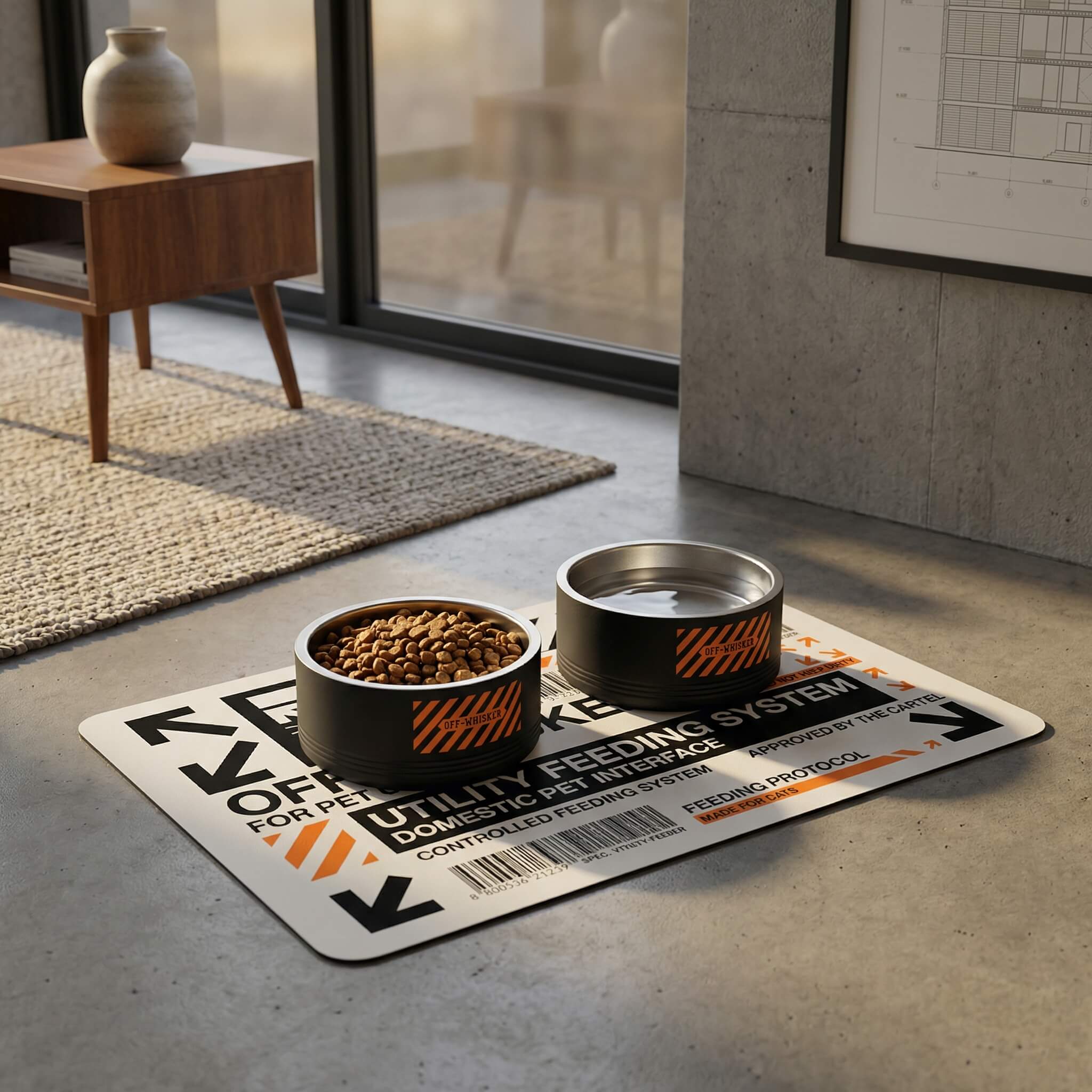 Off Whisker designer cat food mat with cool black pet bowls in modern space by Mad Cat Cartel