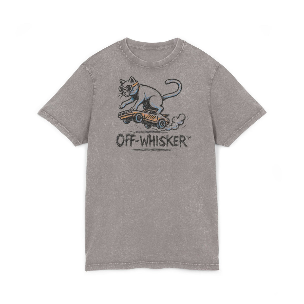 Off-Whisker Drift Cat Sketch Acid Washed T-Shirt in asphalt, front view