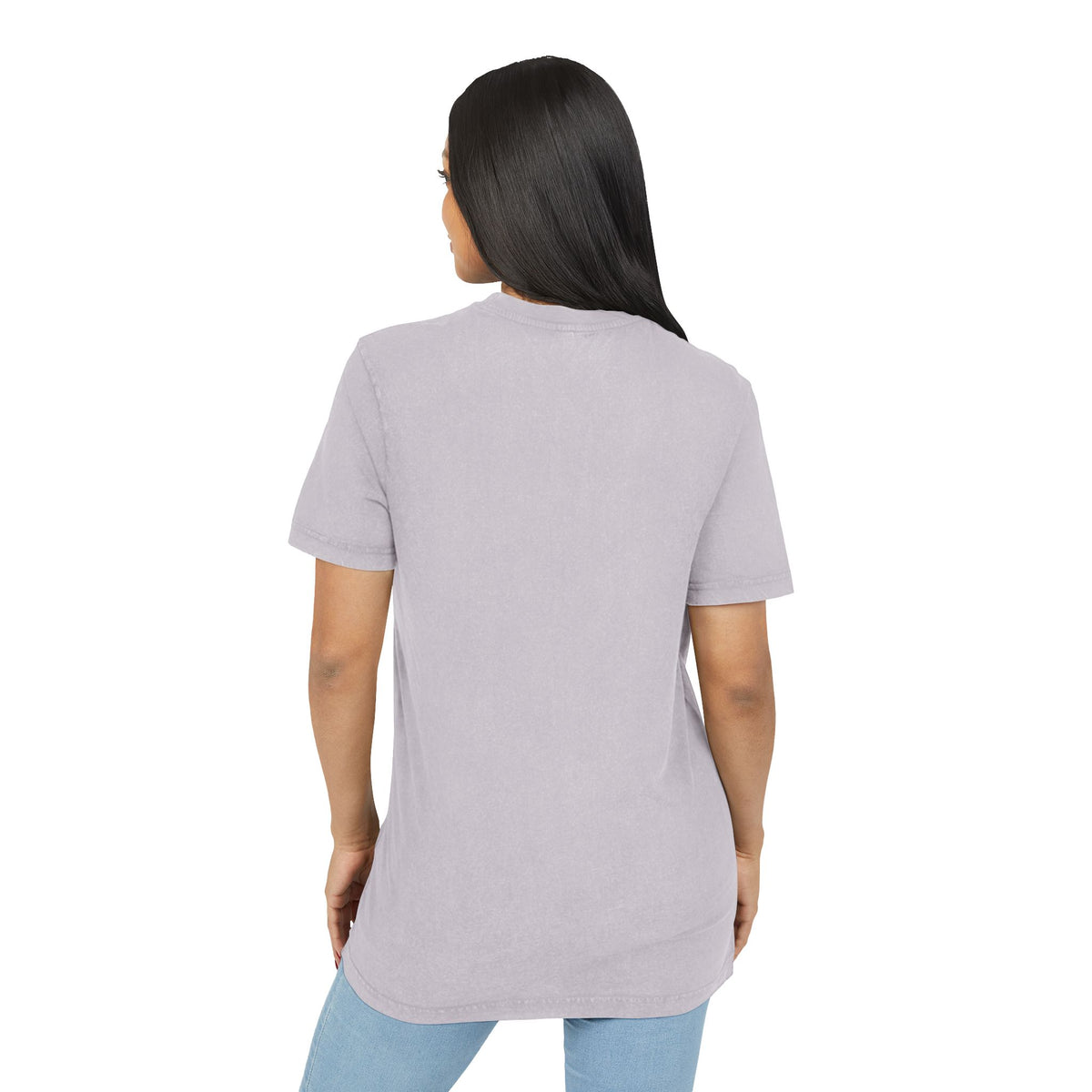 Off-Whisker Drift Cat Sketch Acid Washed T-Shirt in soft lilac, back view on a female model