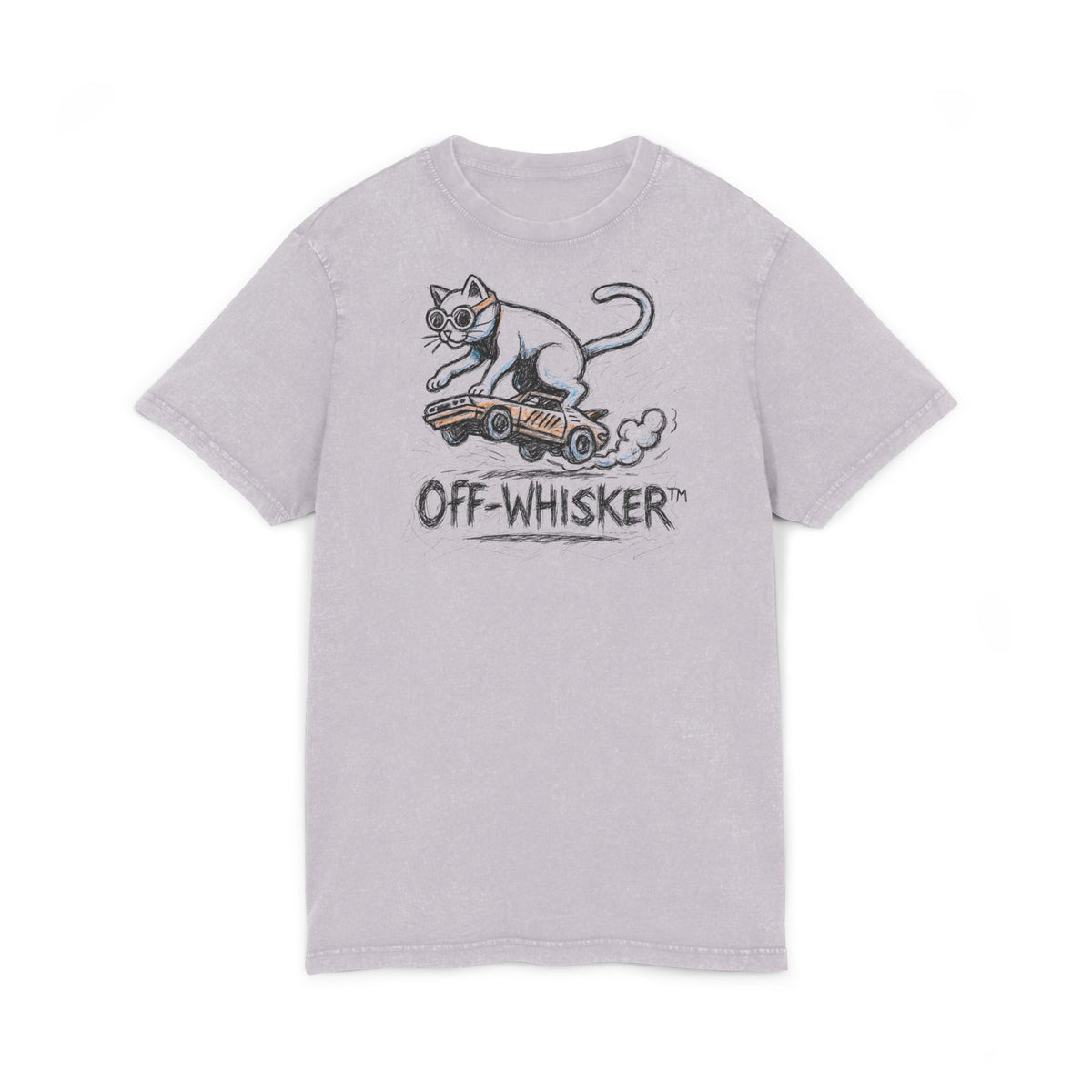 Off-Whisker Drift Cat Sketch Acid Washed T-Shirt in soft lilac, front view