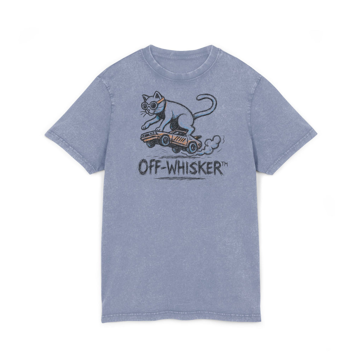 Off-Whisker Drift Cat Sketch Acid Washed T-Shirt in vintage blue, front view