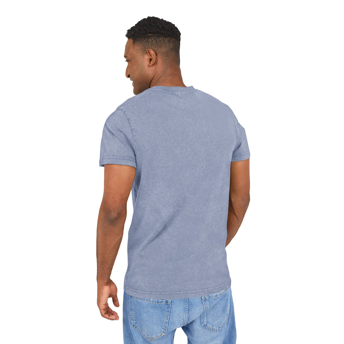 Off-Whisker Drift Cat Sketch Acid Washed T-Shirt in vintage blue, back view on a male model