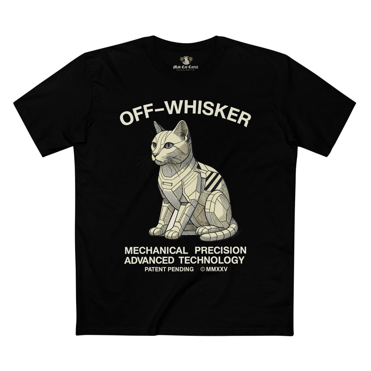 Off-Whisker Gen-01 Mech Cat Graphic T-Shirt in black, front view