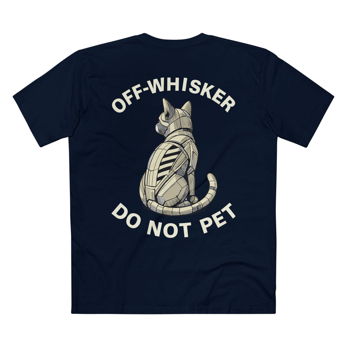 Off-Whisker Gen-01 Mech Cat Graphic T-Shirt in navy, back view