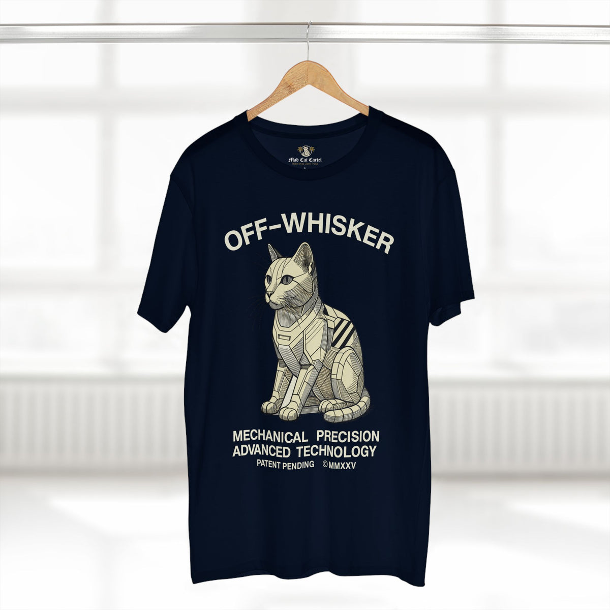 Off-Whisker Gen-01 Mech Cat Graphic T-Shirt in navy, on a hanger