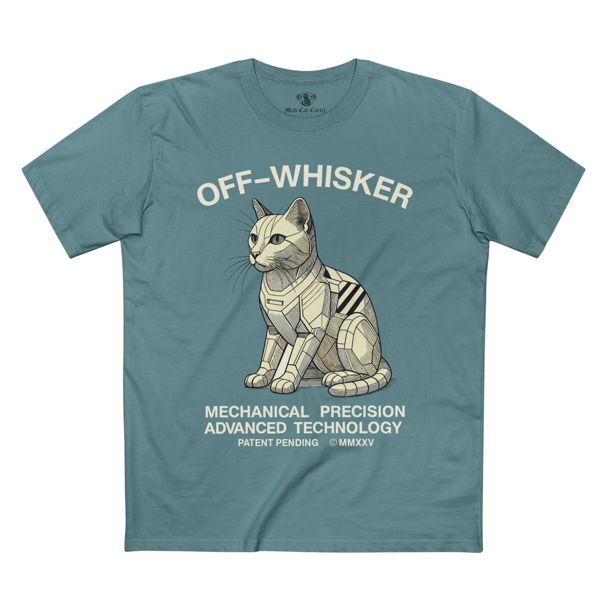 Off-Whisker Gen-01 Mech Cat Graphic T-Shirt in slate blue, front view