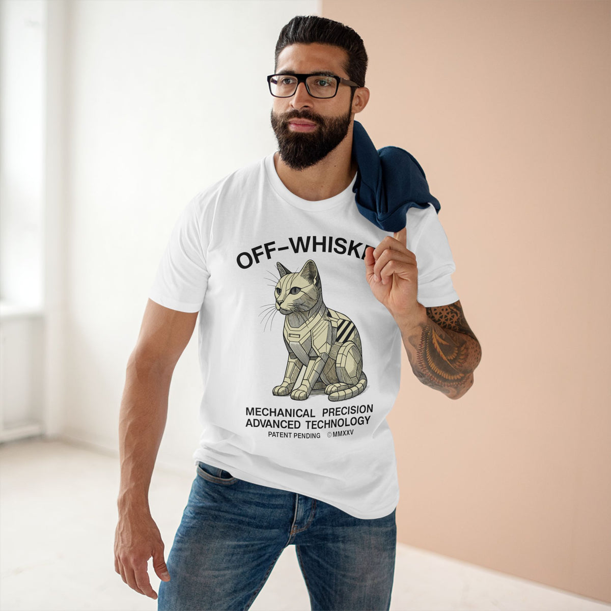 Off-Whisker Gen-01 Mech Cat Graphic T-Shirt in white, worn by a male model