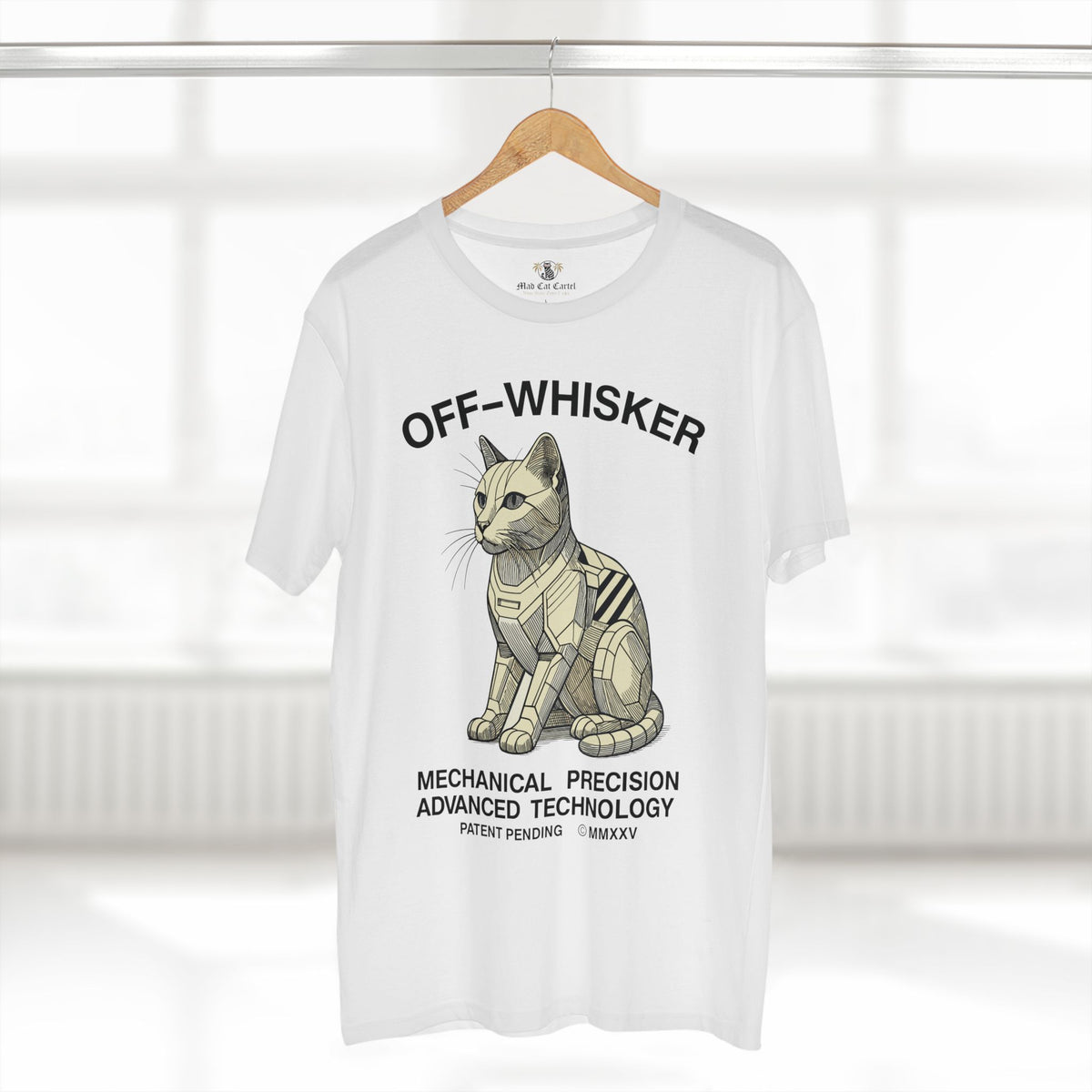 Off-Whisker Gen-01 Mech Cat Graphic T-Shirt in white, on a hanger