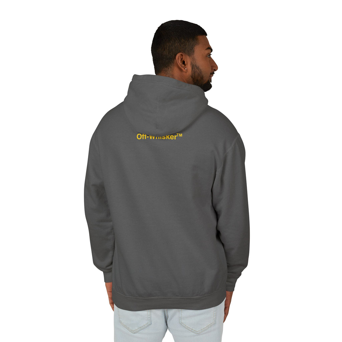 Off-Whisker Industrial Drip Cat Graphic Hoodie in pepper, back view on a male model