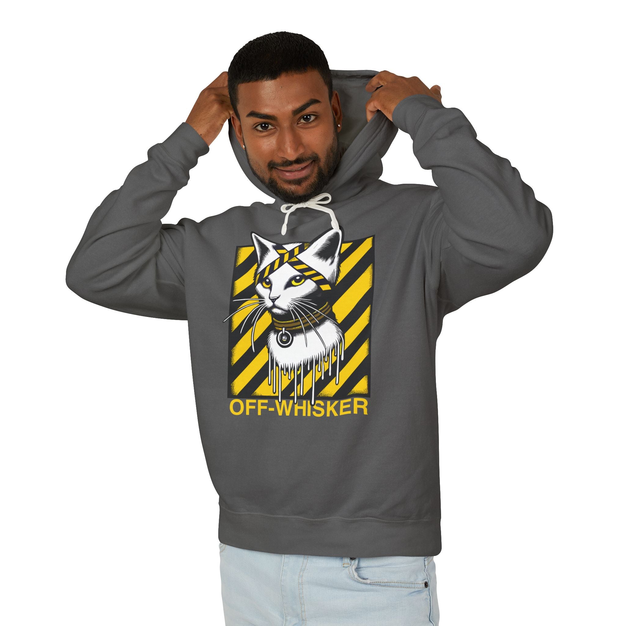 Off-Whisker Industrial Drip Cat Graphic Hoodie in pepper, worn by a male model