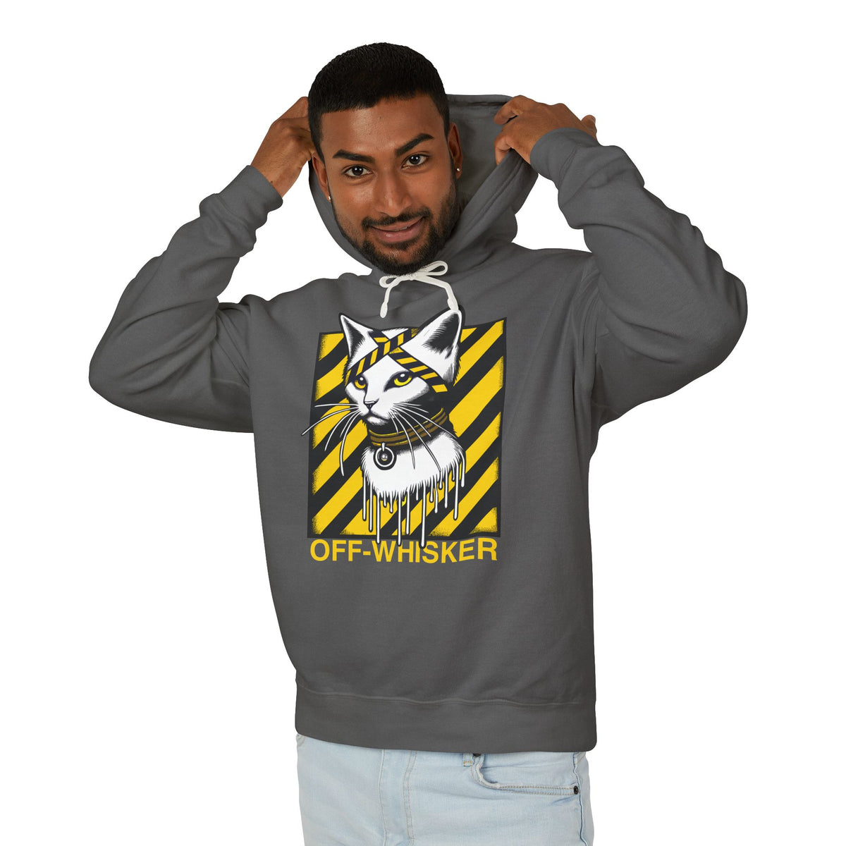 Off-Whisker Industrial Drip Cat Graphic Hoodie in pepper, worn by a male model
