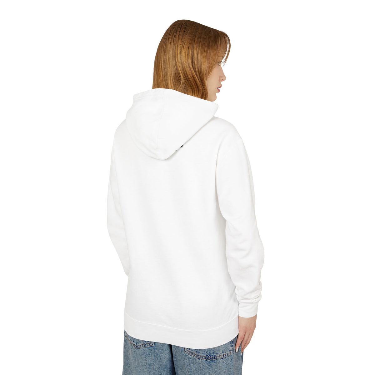 Off-Whisker Industrial Drip Cat Graphic Hoodie in white, back view on a female model