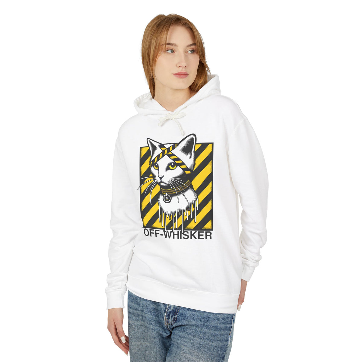 Off-Whisker Industrial Drip Cat Graphic Hoodie in white, worn by a female model