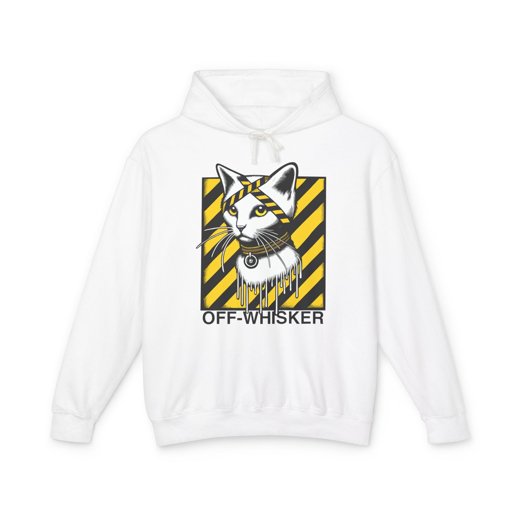 Off-Whisker Industrial Drip Cat Graphic Hoodie in white, front view