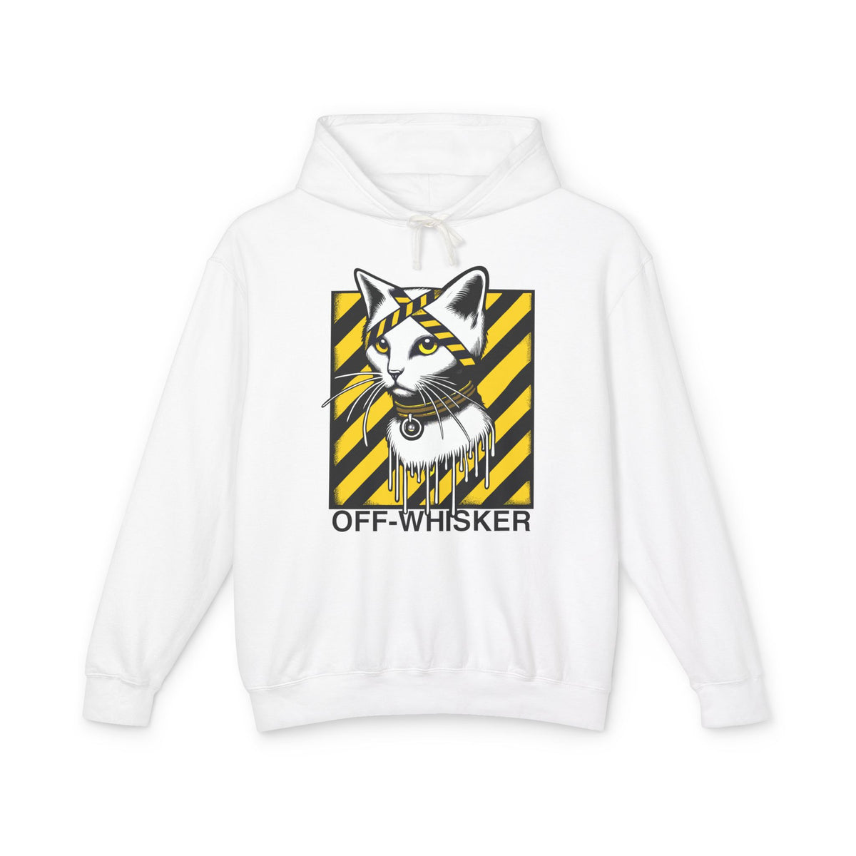 Off-Whisker Industrial Drip Cat Graphic Hoodie in white, front view