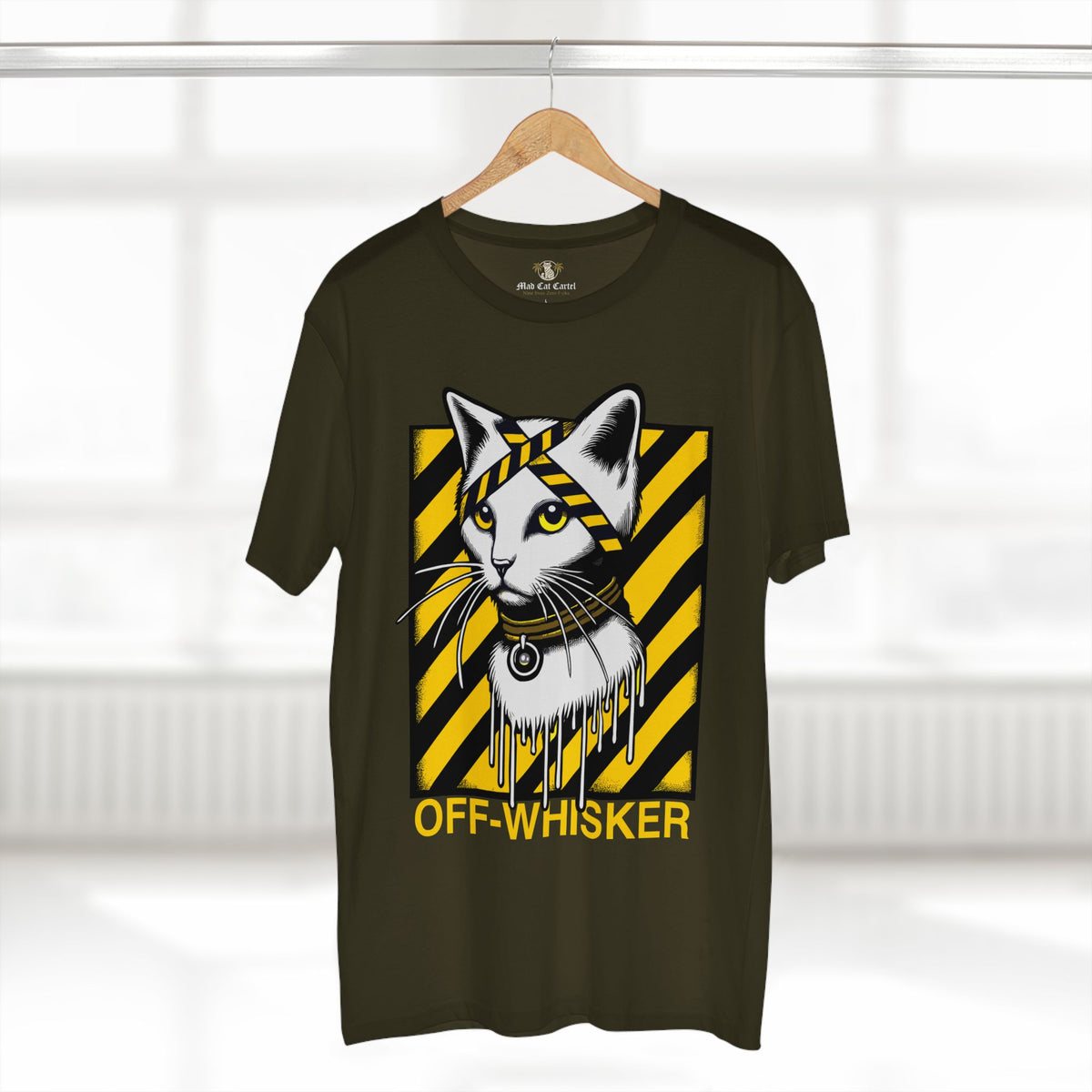 Off-Whisker Industrial Drip Cat Graphic T-Shirt in army, on a hanger