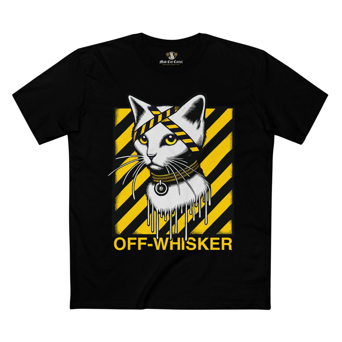 Off-Whisker Industrial Drip Cat Graphic T-Shirt in black, front view