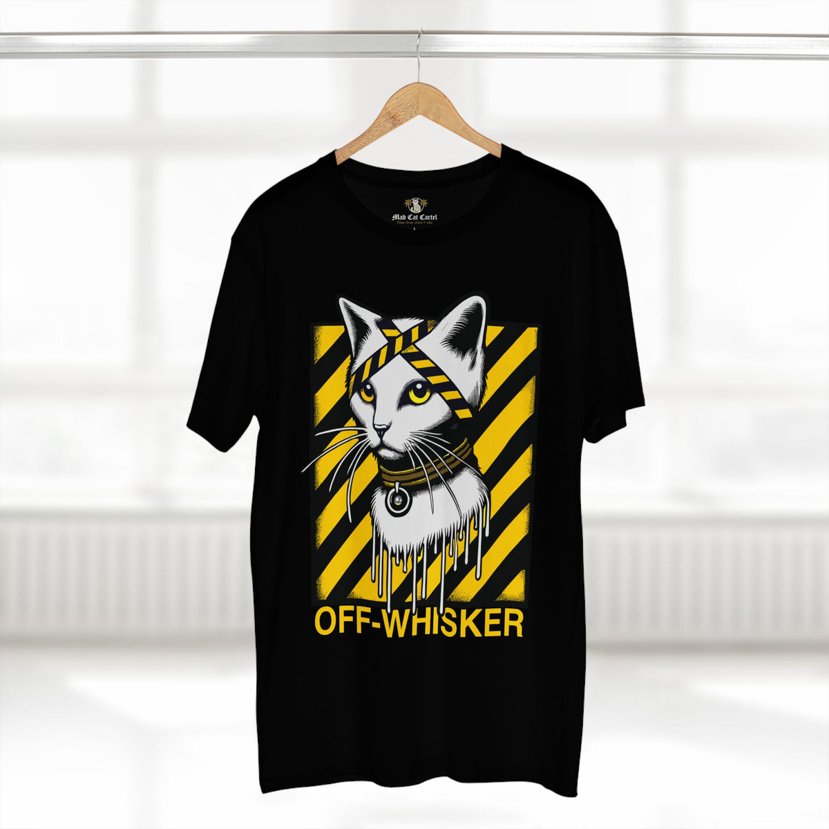 Off-Whisker Industrial Drip Cat Graphic T-Shirt in black, on a hanger