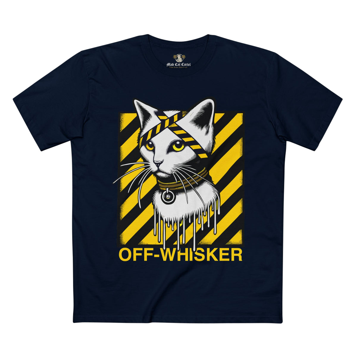 Off-Whisker Industrial Drip Cat Graphic T-Shirt in navy, front view