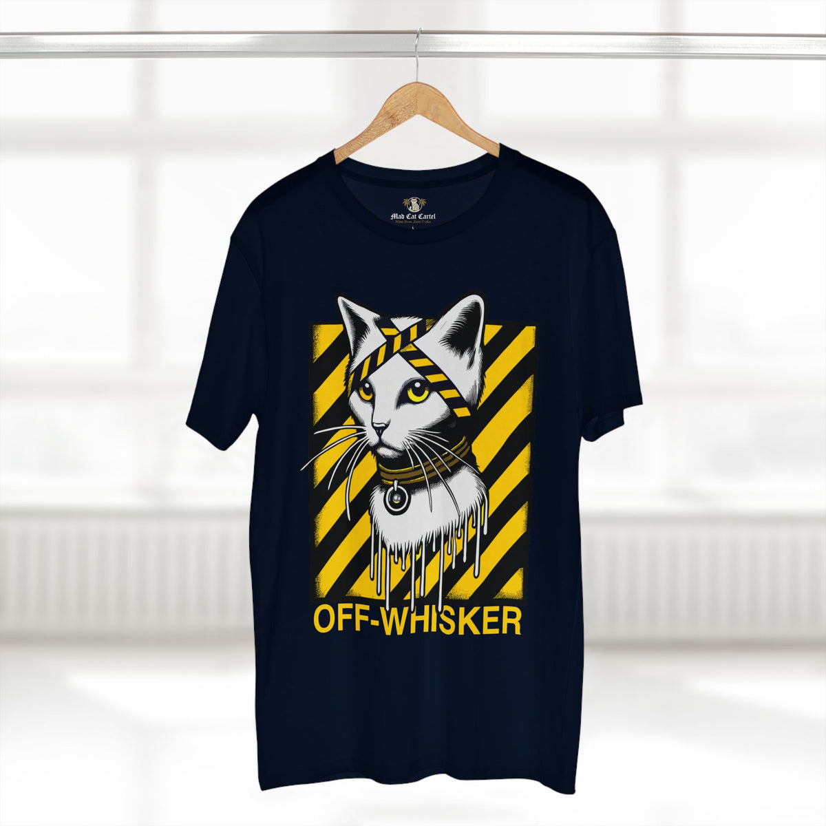 Off-Whisker Industrial Drip Cat Graphic T-Shirt in navy, on a hanger