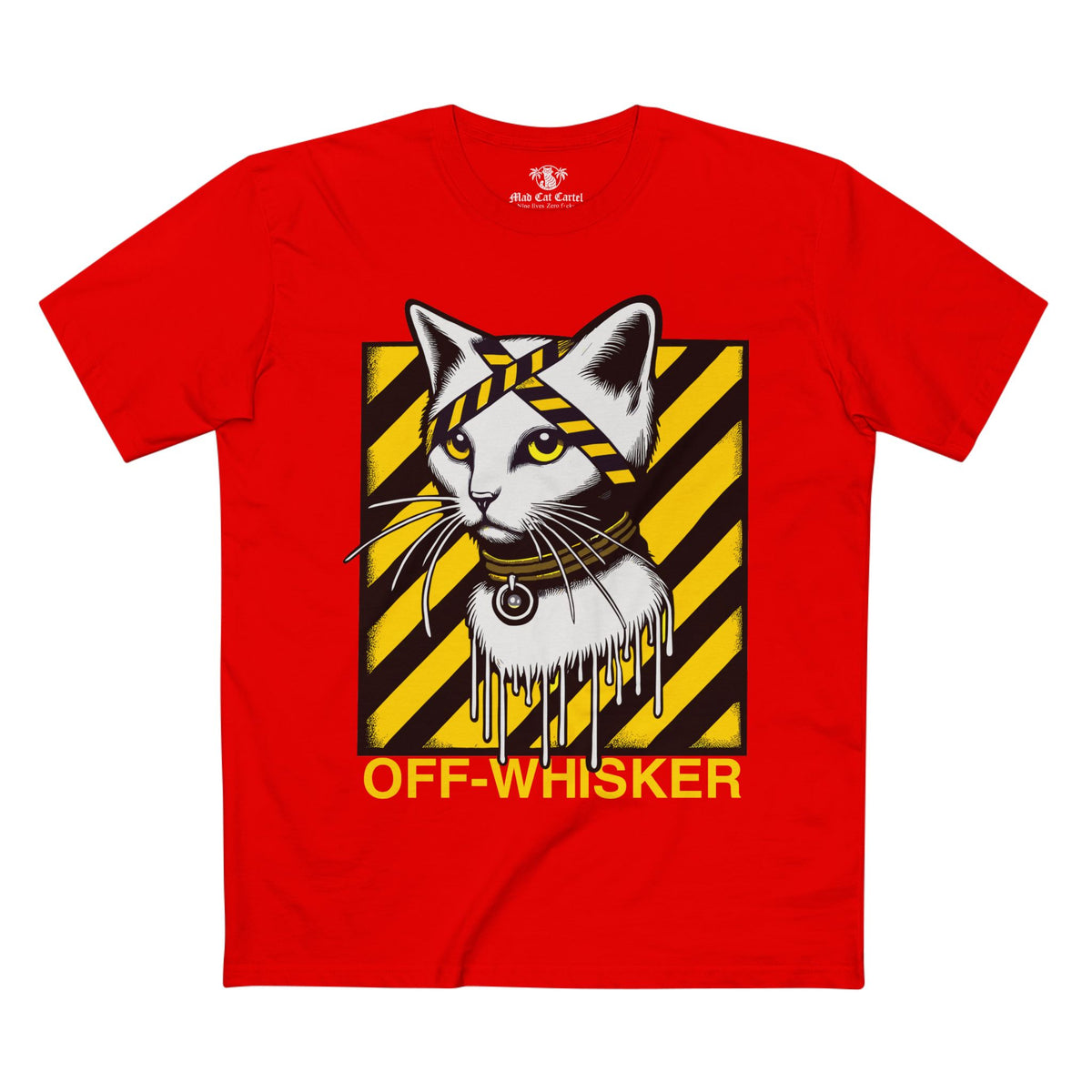 Off-Whisker Industrial Drip Cat Graphic T-Shirt in red, front view