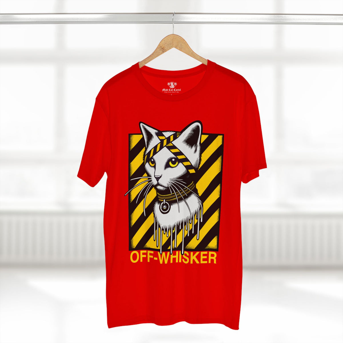 Off-Whisker Industrial Drip Cat Graphic T-Shirt in red, on a hanger