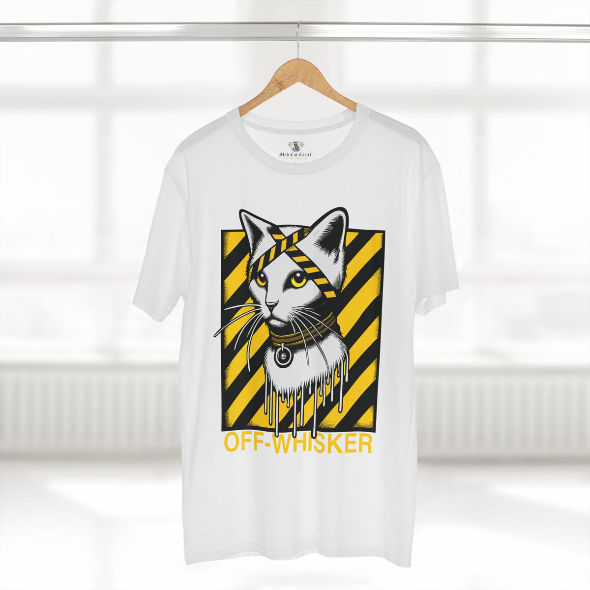 Off-Whisker Industrial Drip Cat Graphic T-Shirt in white, on a hanger