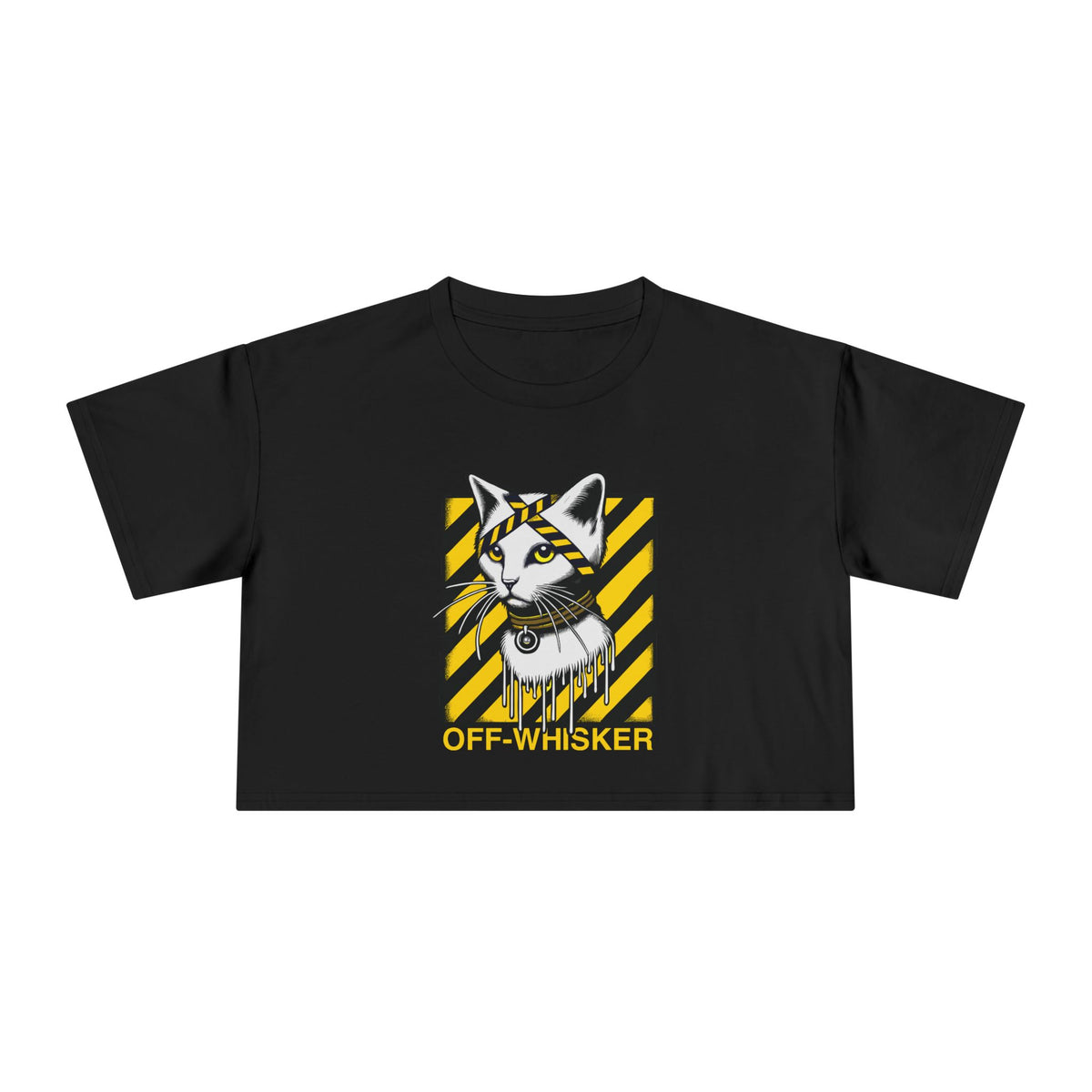 Off-Whisker Industrial Drip Cat Graphic Women's Crop T-Shirt in black, front view