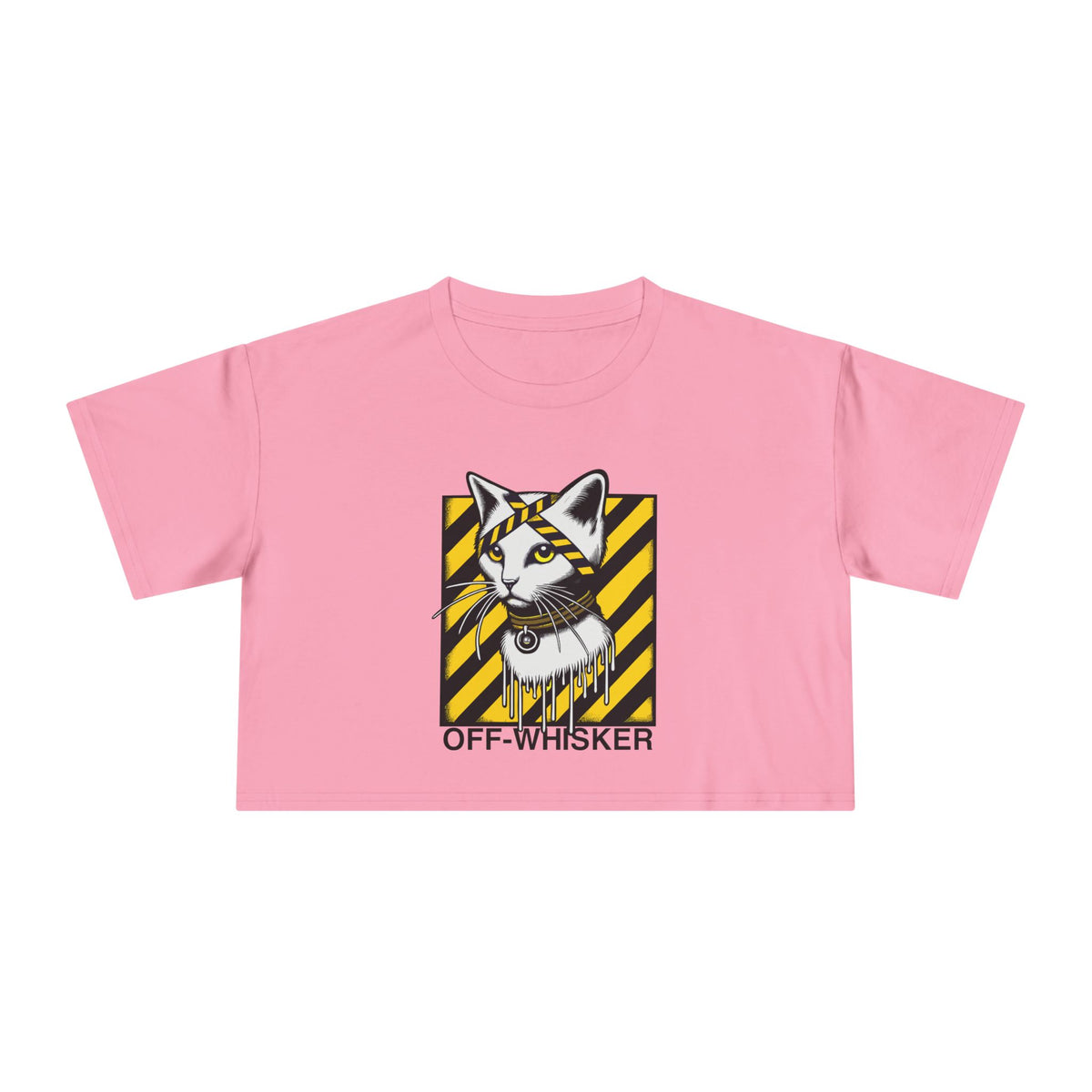Off-Whisker Industrial Drip Cat Graphic Women's Crop T-Shirt in bubblegum, front view