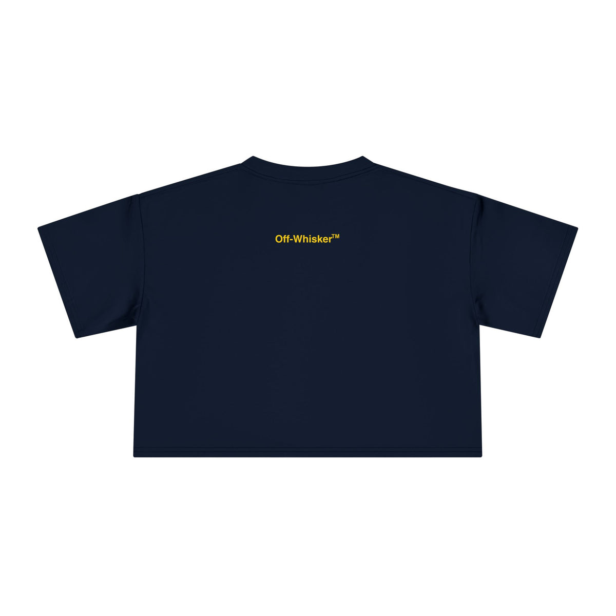 Off-Whisker Industrial Drip Cat Graphic Women's Crop T-Shirt in navy, back view