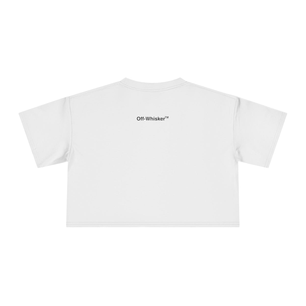 Off-Whisker Industrial Drip Cat Graphic Women's Crop T-Shirt in white, back view