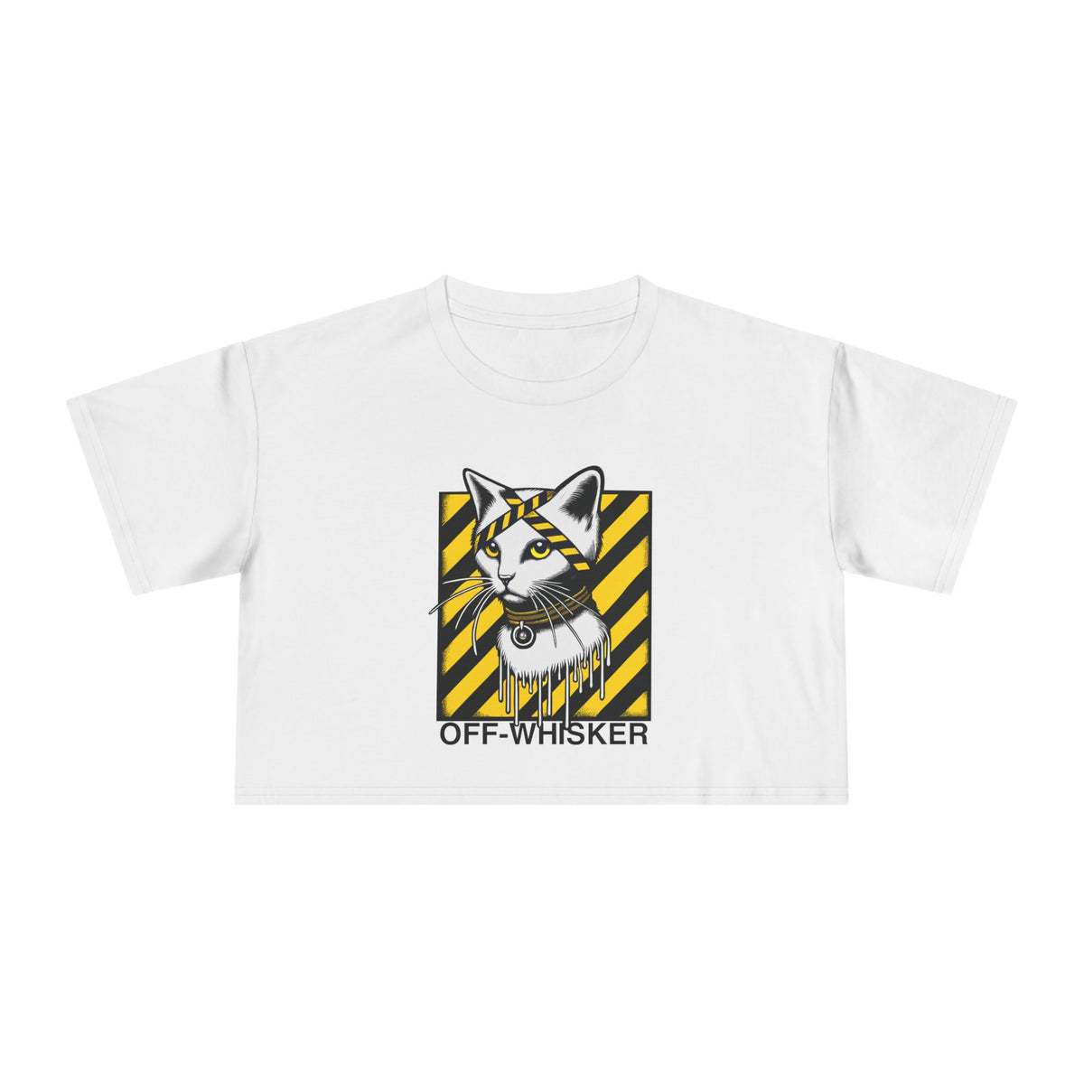 Off-Whisker Industrial Drip Cat Graphic Women's Crop T-Shirt in white, front view