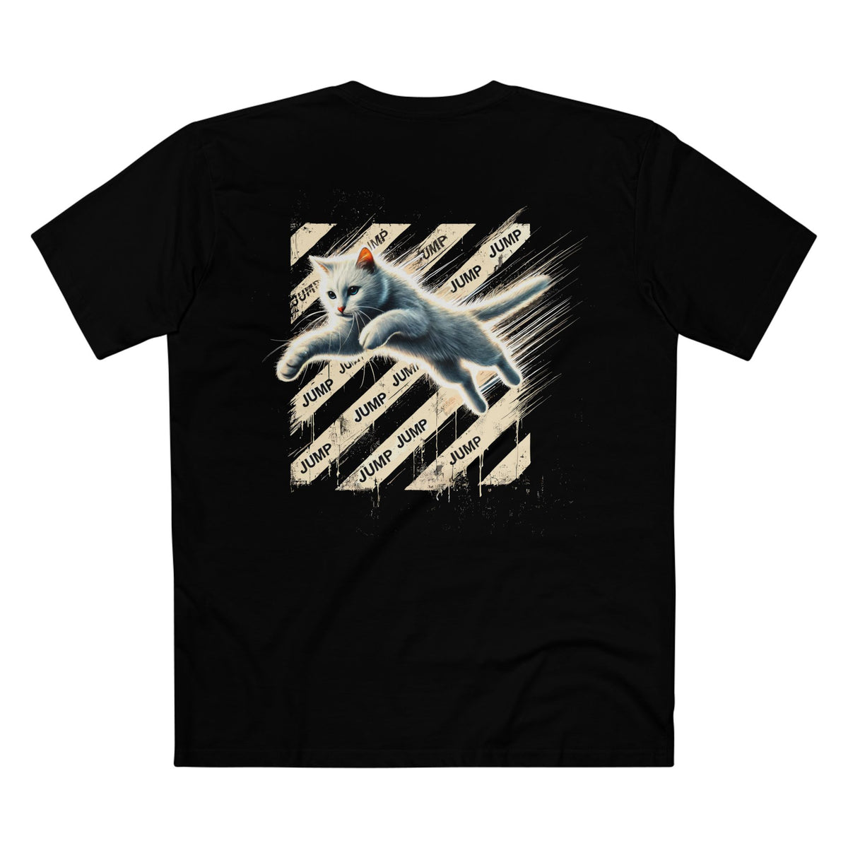 Off-Whisker Jump Mode Cat Graphic Black T-Shirt, back view