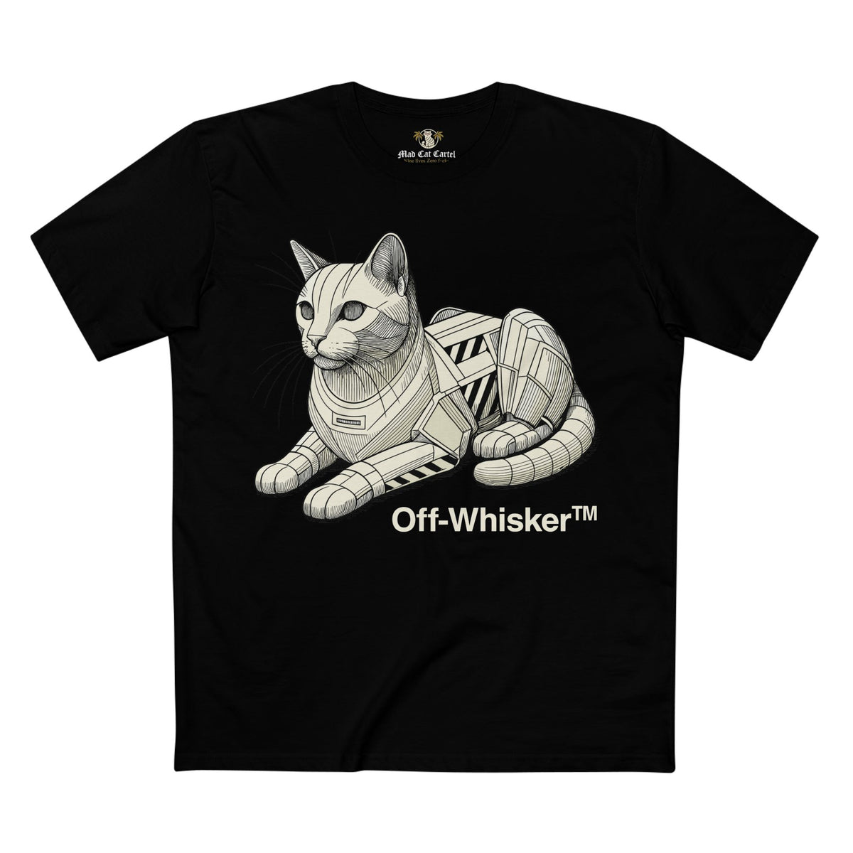 Off-Whisker Mecha Cat Unit Graphic T-Shirt in black, front view