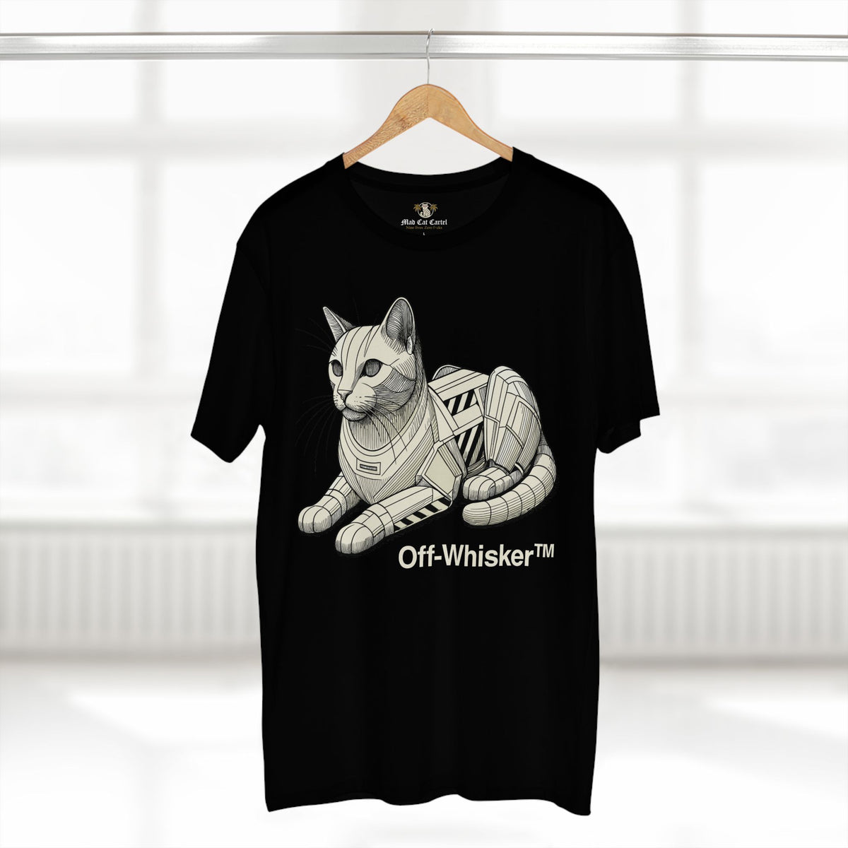 Off-Whisker Mecha Cat Unit Graphic T-Shirt in black, on a hanger
