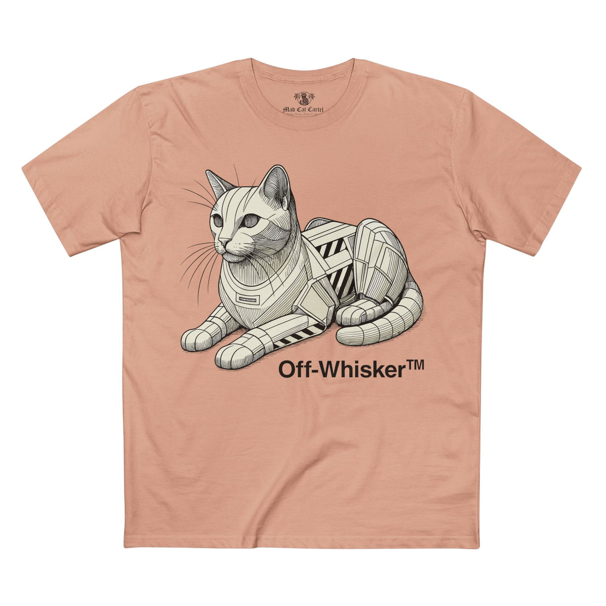 Off-Whisker Mecha Cat Unit Graphic T-Shirt in pale pink, front view