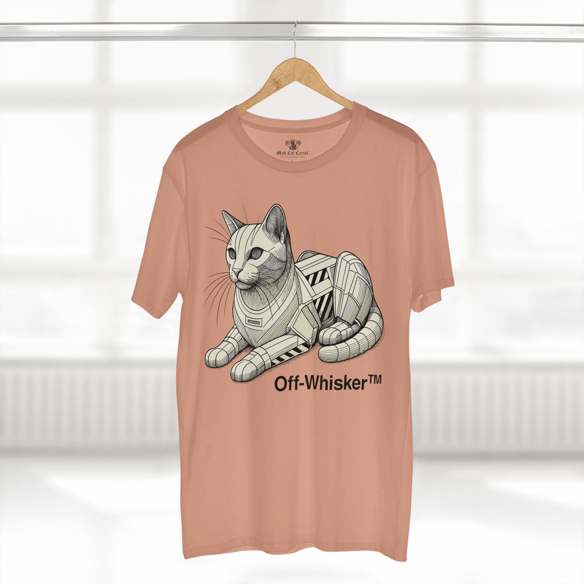 Off-Whisker Mecha Cat Unit Graphic T-Shirt in pale pink, on a hanger