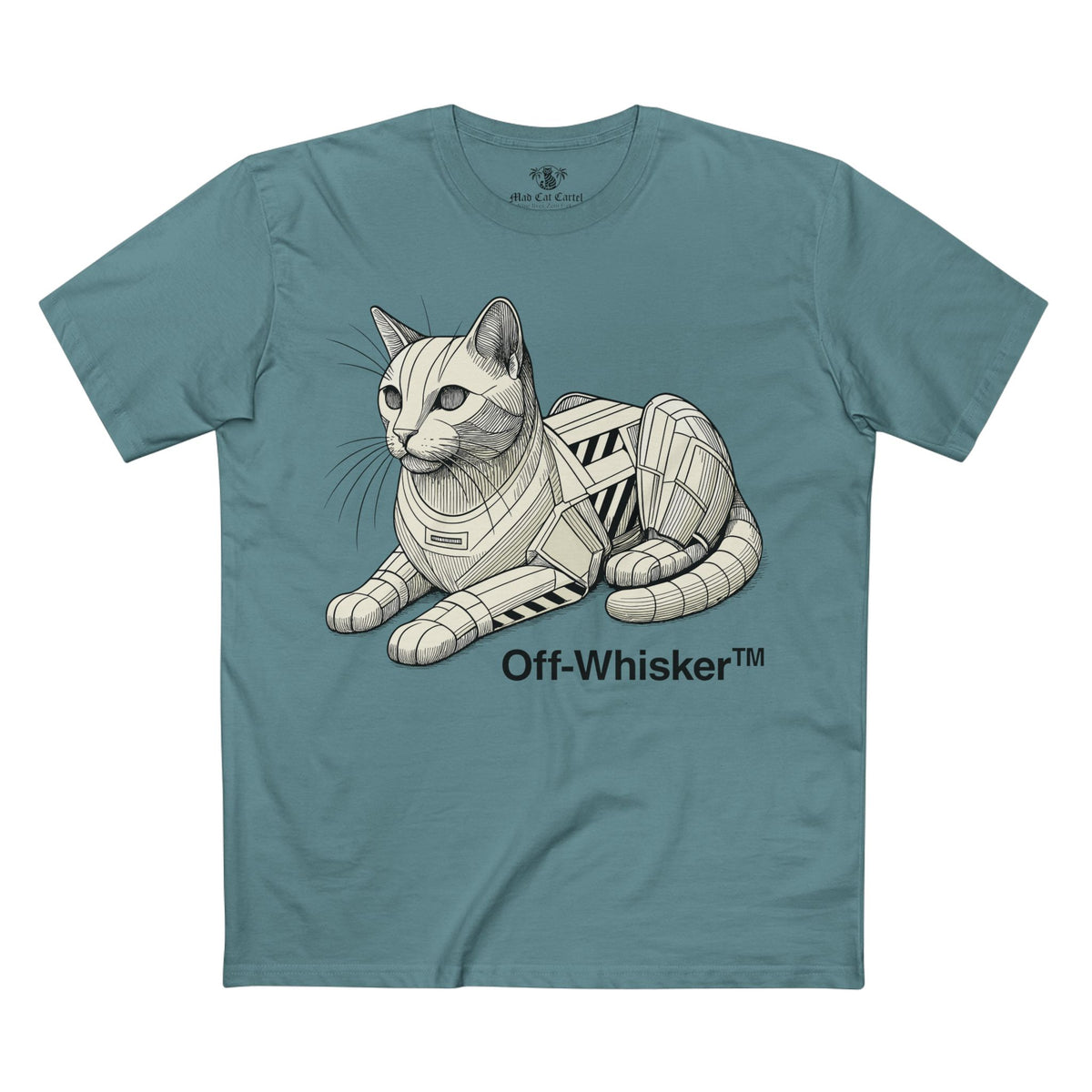 Off-Whisker Mecha Cat Unit Graphic T-Shirt in slate blue, front view