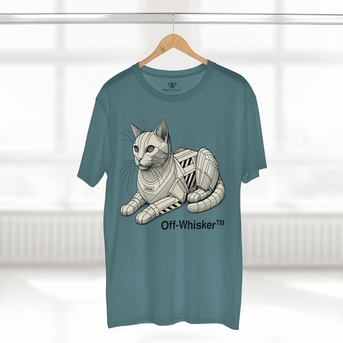 Off-Whisker Mecha Cat Unit Graphic T-Shirt in slate blue, on a hanger