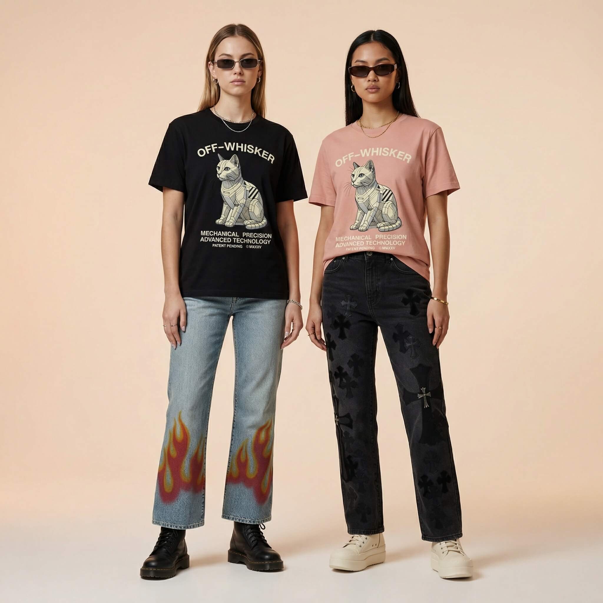 Off-Whisker graphic t-shirt mech cat design on black and pink shirts styled streetwear outfit for women