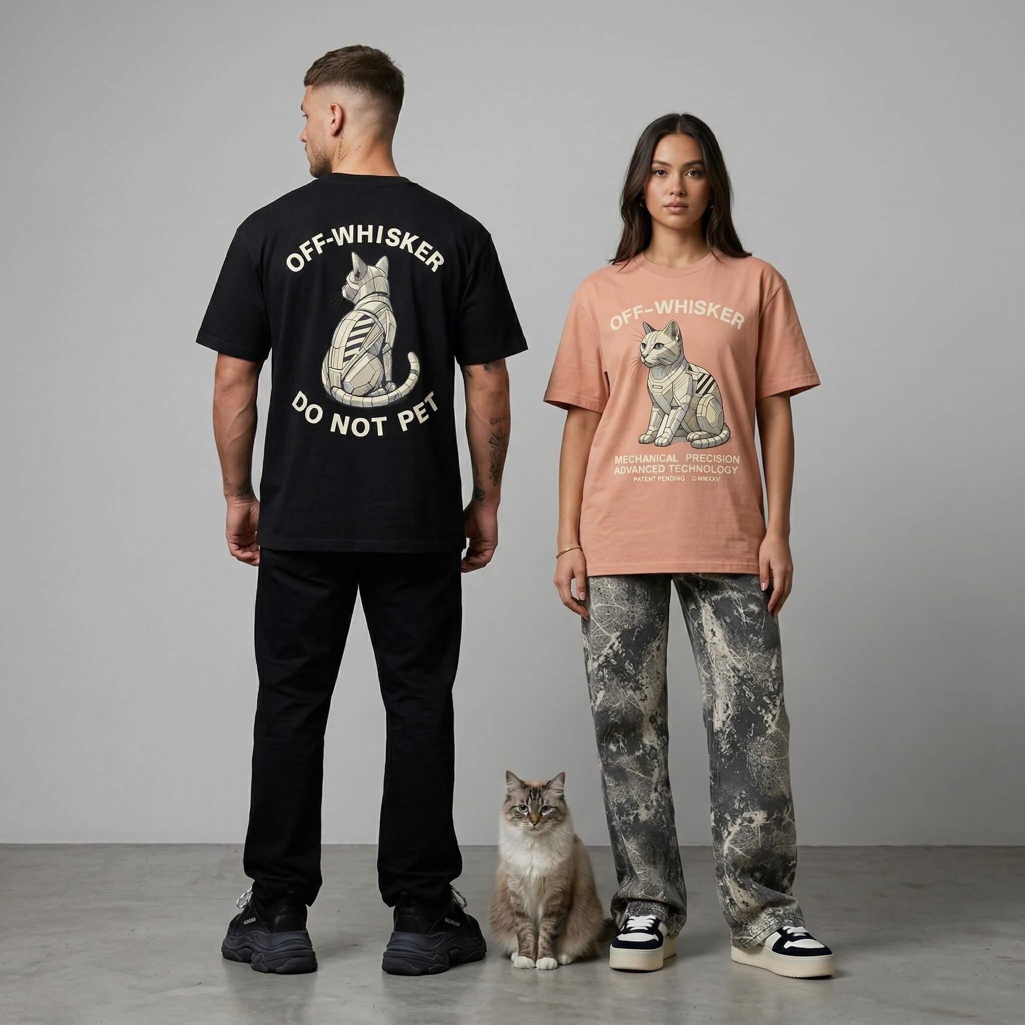 Off-Whisker mech cat graphic t-shirt front and back view black and pink unisex streetwear with robotic cat design