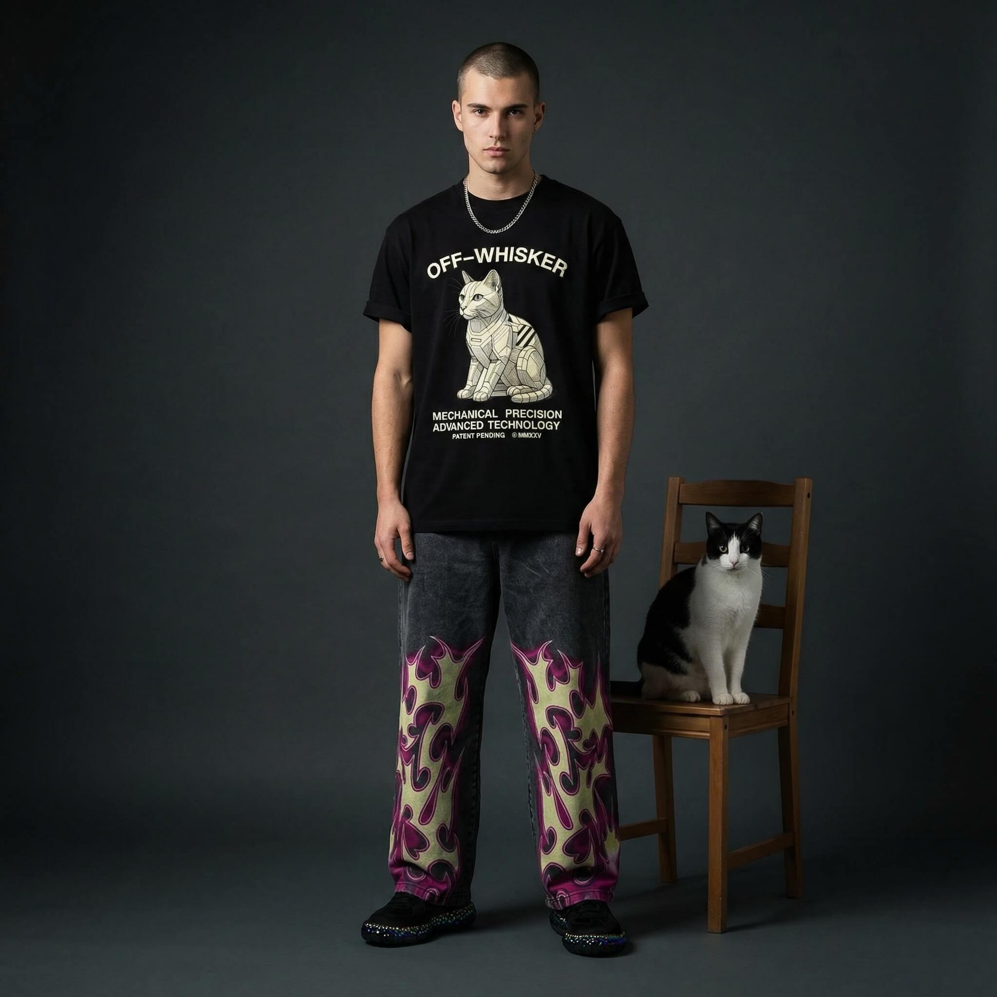 Off-Whisker black t-shirt mechanical cat graphic front print streetwear tee with DO NOT PET back design