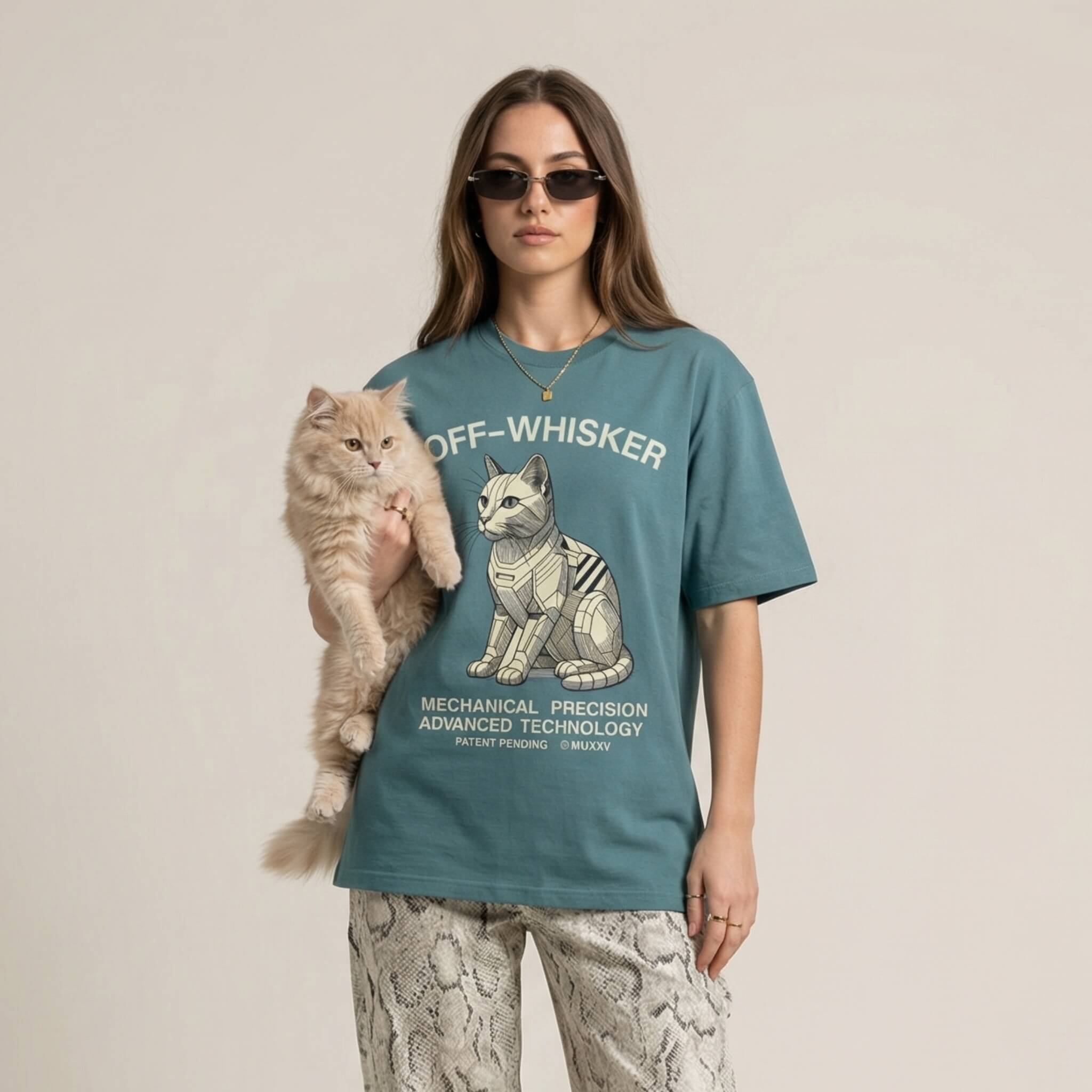 Off-Whisker mech cat graphic t-shirt slate blue version with robotic cat print unisex fit lifestyle