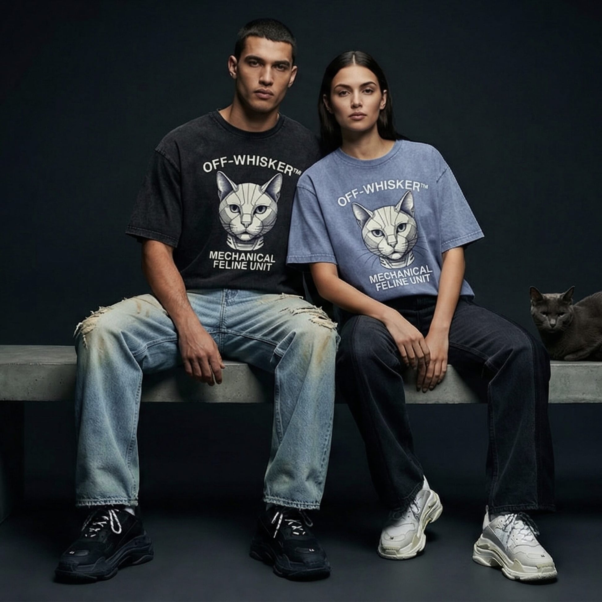 Man and woman wearing funny cat themed parody tee by Mad Cat Cartel