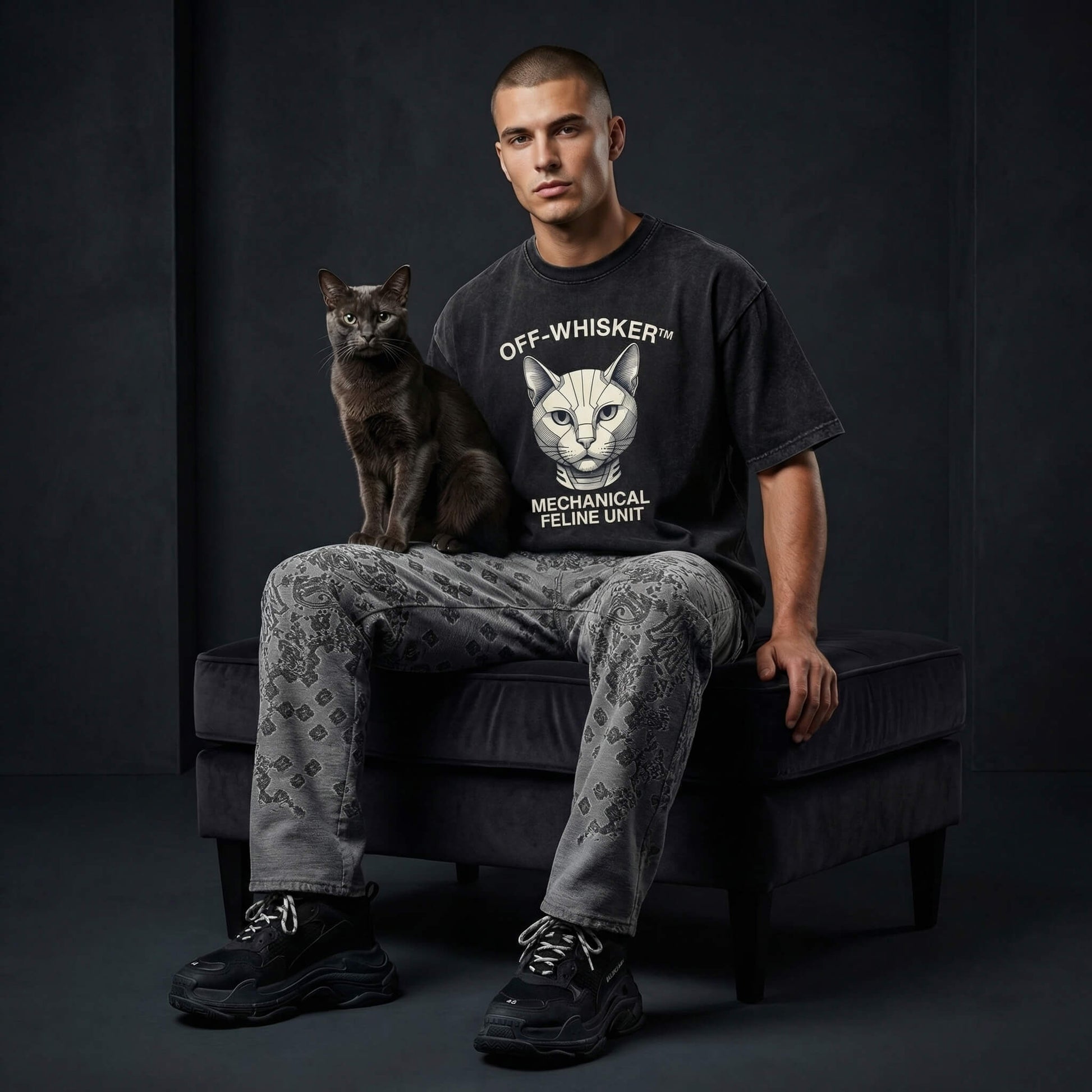 Off-Whisker designer black tee for cat lovers