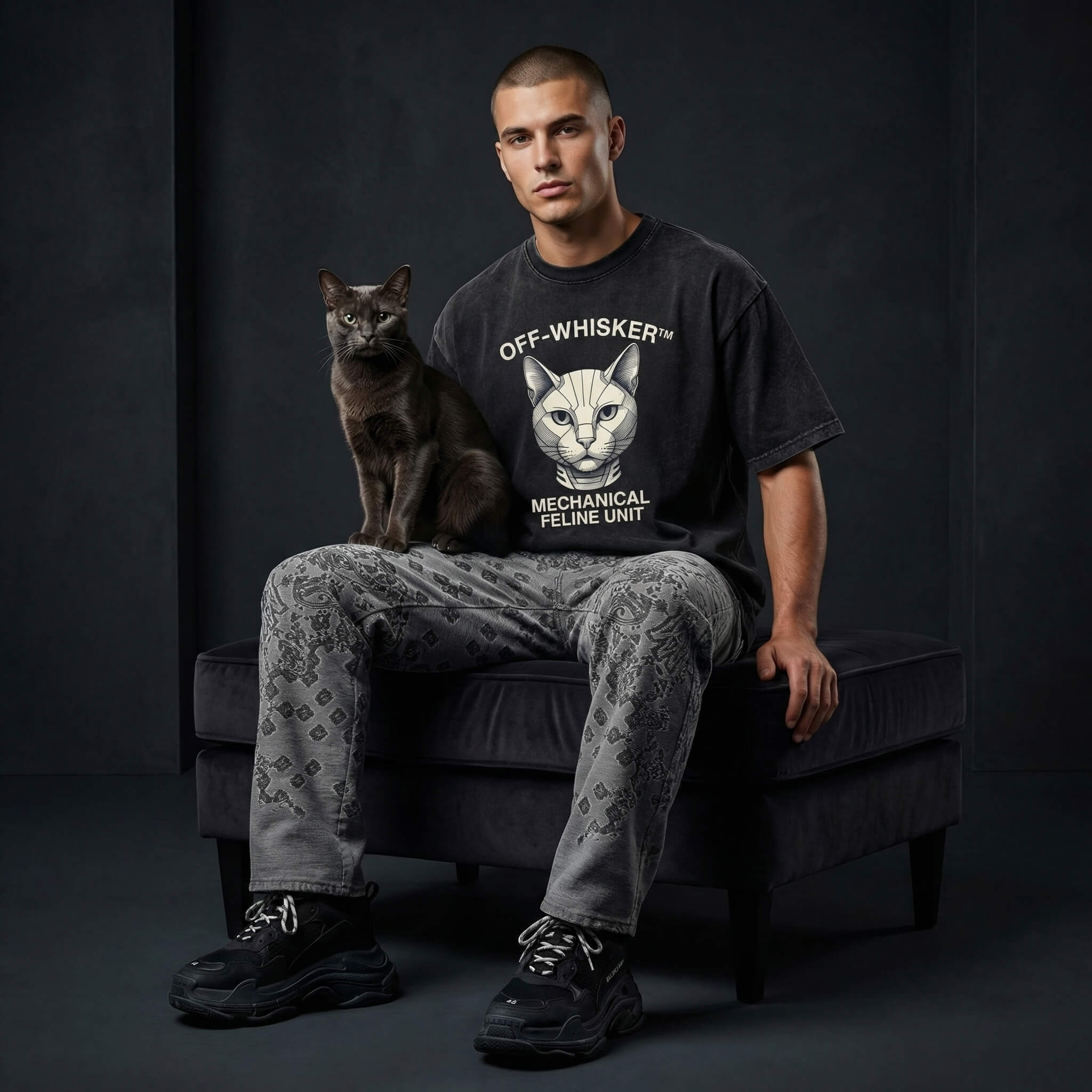 Off-Whisker designer black tee for cat lovers