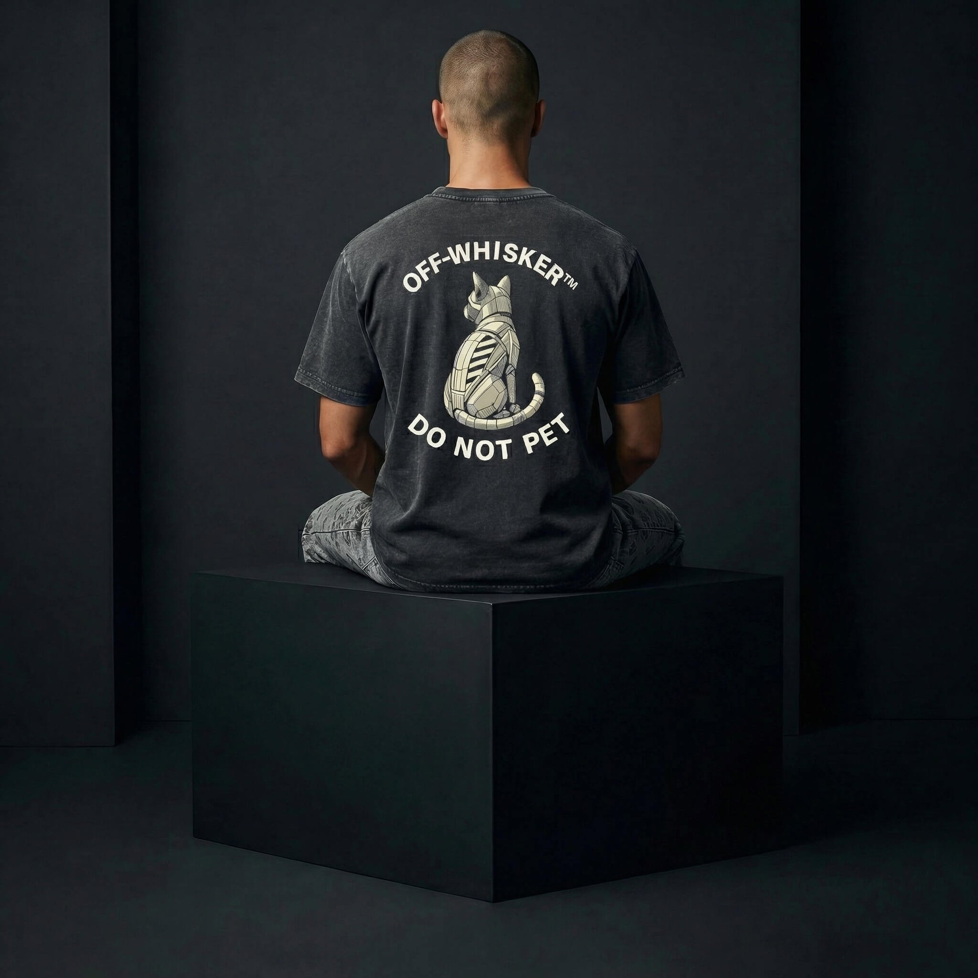 back view of man in Off Whisker funny designer parody tee for cat lovers