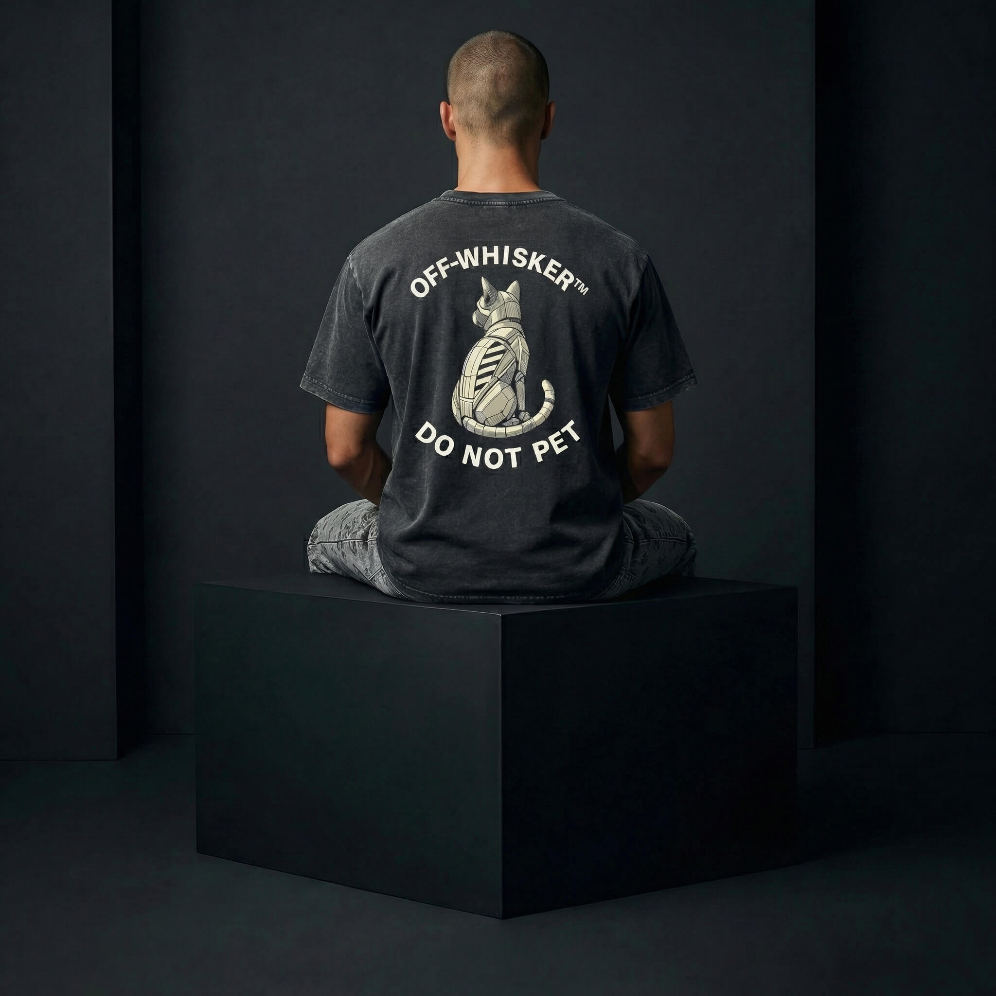 back view of man in Off Whisker funny designer parody tee for cat lovers